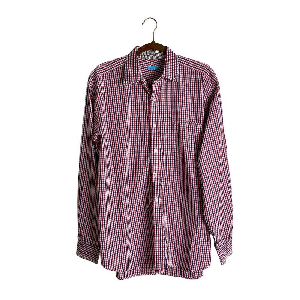 J McLaughlin Mens L Button Down Shirt Red Blue Check Preppy Old Money Modern Fit